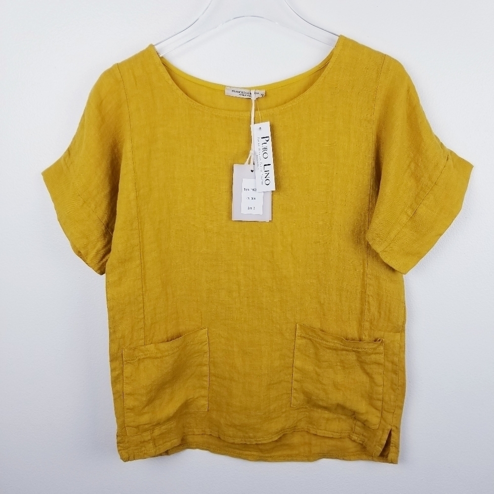 Francesca Bettini Mustard Yellow Linen Top NWT, size Small